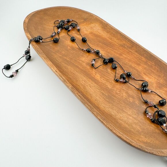 Vintage Lariat Necklace Black Pink Beads Glam Sparkle Boho Goth Luxury Versatile - Picture 4 of 7